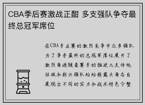 CBA季后赛激战正酣 多支强队争夺最终总冠军席位